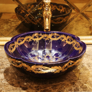 China pintura hecha a mano lavabo cuarto de baño buque se hunde contra superior en forma de flor de cristal azul patrón oro chino tazón fregadero - Product Image 2