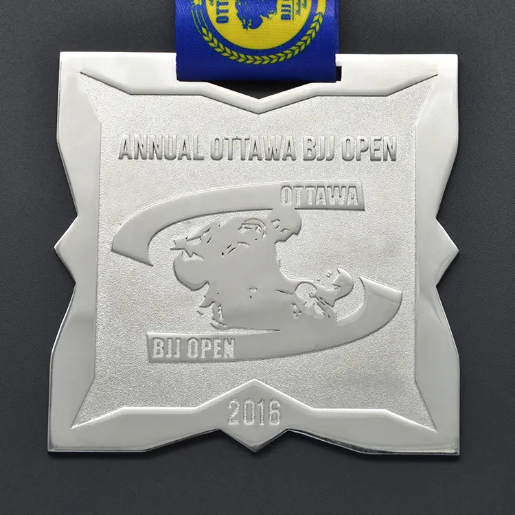 Personalizado BJJ ottawa anual aberto de prata medalha de lembrança com projeto da fita