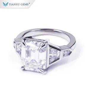 Tianyu gems customize service super white moissanite emerald cut simple style platinum gold ring