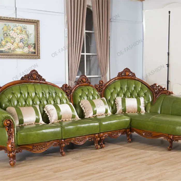 Talla de madera maciza esquina salón sofá de cuero verde