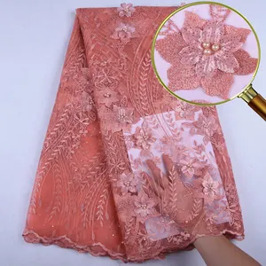 High Quality Embroidery African French Lace Fabric With Applique New Arrival Sequin 3D Flower French Lace Fabric With Beads 1579