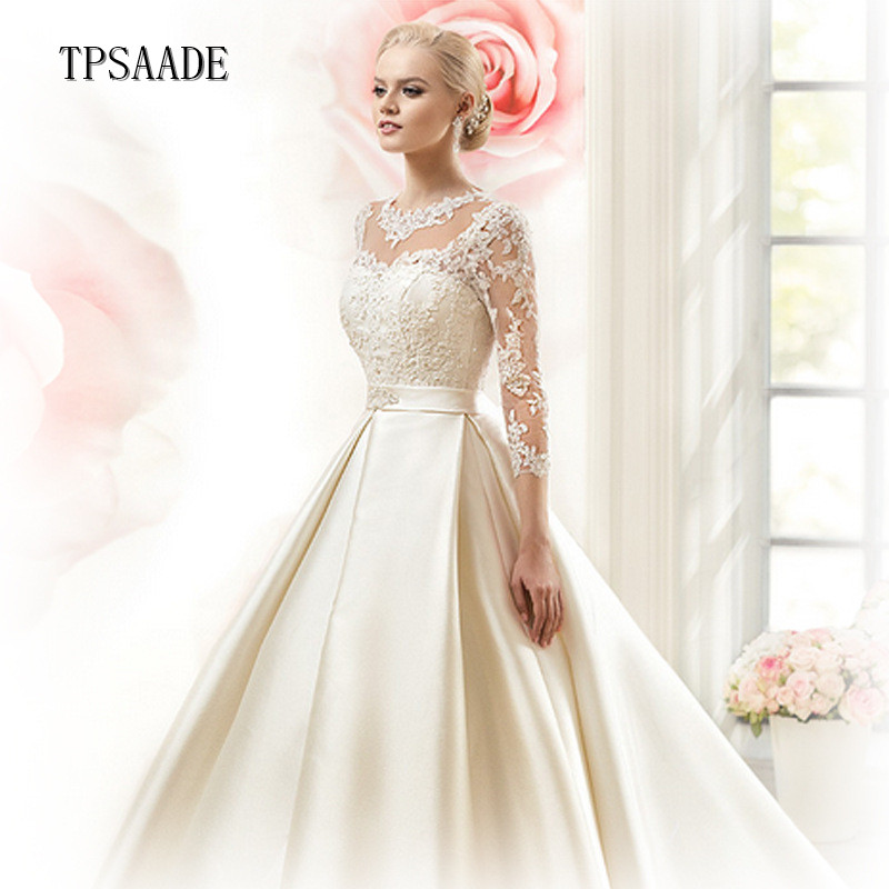 Luxury Champagne Satin Appliques 3/4 Sleeve Bridal Gown