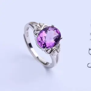 SGARIT Custom Dubai Designs Classic Oval Facetted Cut 925 <strong>Silver</strong> Purple Amethyst Engagement <strong>Adjustable</strong> Wedding <strong>Ring</strong> for Women - Product Image 1