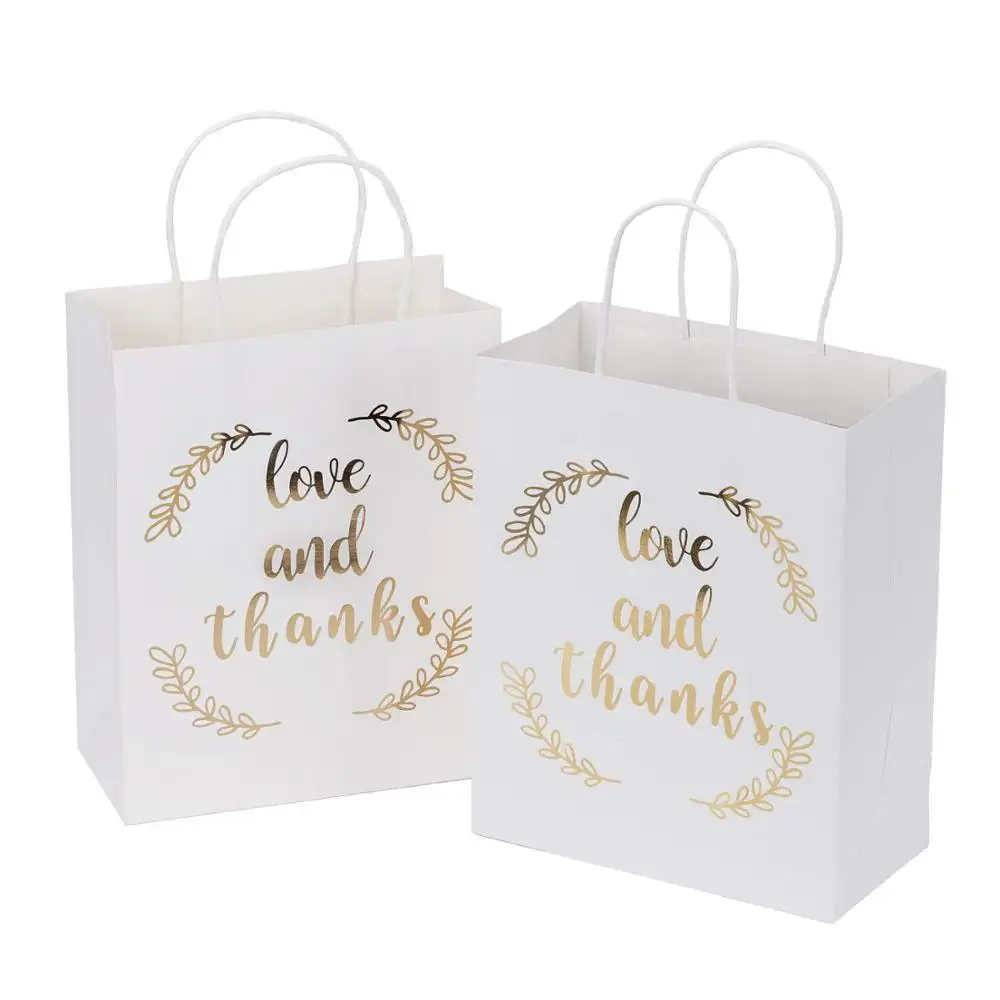 Altın Folyo "Aşk ve Teşekkürler" beyaz kağıt torbalar Kolları ile Düğün, Doğum Günü, Bebek Duş, Parti Iyilik