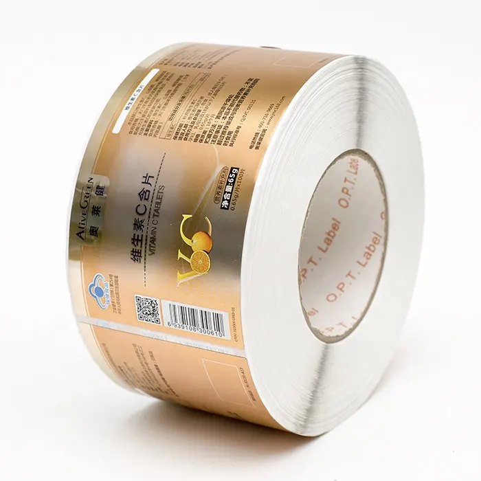 custom metallic glossy gold foil self adhesive label sticker for chemical nutrition vitamin C pill bottle