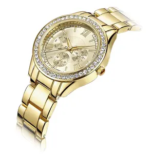 Montre de luxe pour femme, montre à quartz dorée, véritable diamant