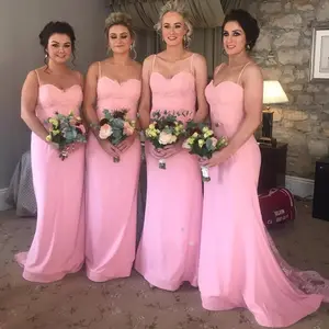 Lace Long Bridesmaid Dresses With Long Tail 2021 Spaghetti Strap Sweetheart Chiffon Dress For Bridesmaid Pink Gown