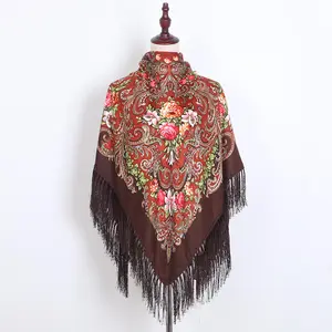 Wholesale 2021 hot sale long fringe russian shawl wrap 110cm fashion floral pattern warm thick woman print square hijab scarf