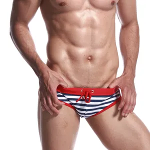 Wholesale Sexy Stripe Low Waist Nylon Gay Penis Pouch Bikini Brief Swimwear Men