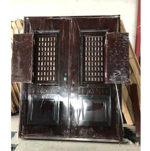 China supplier steel wooden main exterior double steel door design with small window inside