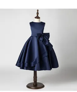 우아한 블루 컬러 패브릭 어린이 웨딩 드레스 활 아이 o-넥 민소매 드레스