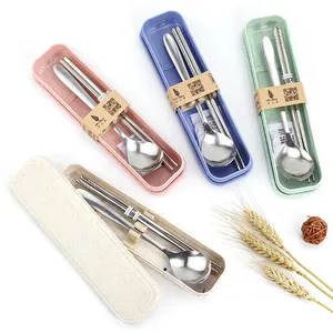 Cutlery spoon chopsticks set stainless steel with wheat box for school/office lunch