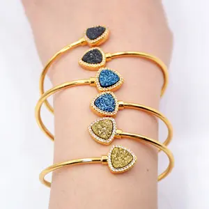 Vintage Adjustable Natural drusy Stone Open Cuff Bangle Bracelets Gold Plating fancy cut triangle Druzy Stone Bangles For Women