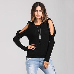 Amazon Venta caliente señoras otoño Top cuello redondo de manga larga de <span class=keywords><strong>punto</strong></span> hombro suéteres <span class=keywords><strong>jersey</strong></span> de las mujeres - Product Image 5