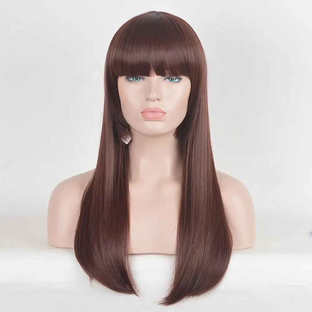 Cosplay party Remy Hair Blunt Bangs Long auburn Brown Wig BD127