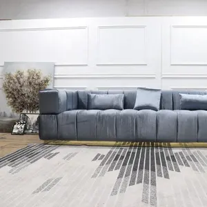 Sky Blue Square Tufted Velvet Fabric Phòng Khách Couch Với Cơ Sở Thép Không Gỉ Vàng