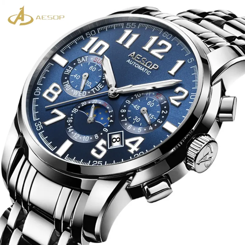 Aesop mechanical watch Multifunction dial stainless steel waterproof swimming automatic movement mechanical watch