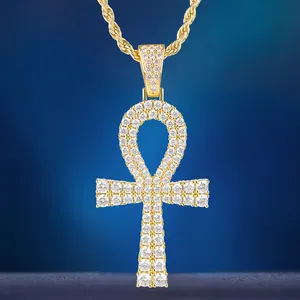 KRKC & CO 14K Oro Ankh Iced Out Croce Pendente Dei Monili di Hip Hop per Gli Uomini Croce Collana Croce Ankh