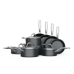 Set Peralatan Masak Aluminium Tempa 14 Buah, Set Peralatan Masak Anodazing Keras dengan Aksesori Baja Tahan Karat