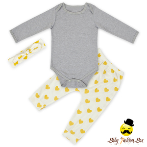 Body matching heart print pants headband three piece Boutique Outfit autumn winter baby clothing set - Product Image 1