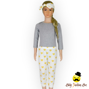 Body matching heart print pants headband three piece Boutique Outfit autumn winter baby clothing set - Product Image 2