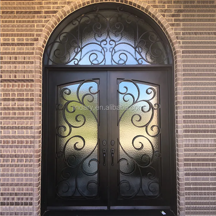 Americano elegante arco superior exteriores de metal doble puerta de acero con vidrio y espejo de popa