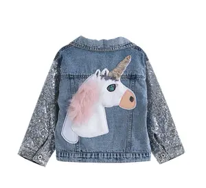 Chaqueta vaquera de unicornio para niñas, abrigos, ropa para niños, ropa de otoño para niñas, prendas de vestir exteriores, chaquetas de tela vaquera con lentejuelas para niños y niñas