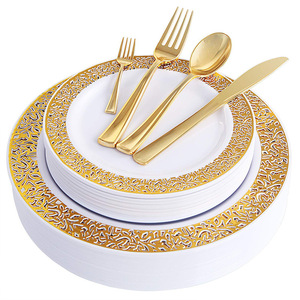 Ensemble de <span class=keywords><strong>vaisselle</strong></span> en <span class=keywords><strong>plastique</strong></span> or pour fête de mariage et ensemble de couverts assiette fourchette cuillère en <span class=keywords><strong>plastique</strong></span> jetables - Product Image 2