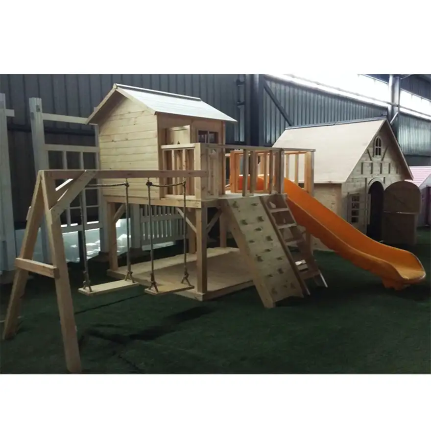 2019 barato casita de madera de con el swing y tobogán para niños