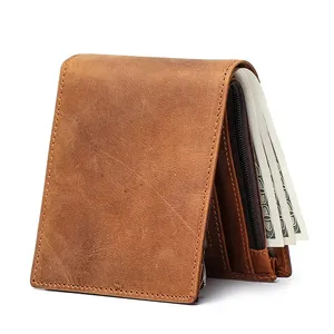 Dropship Wholesale Vintage Crazy Horse Leather Brown Bifold Leather Men Wallets