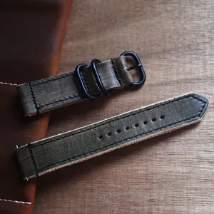 raw cut edge vintage handmade green leather watch band with black matt black rings buckle