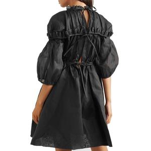 Nouveau Design Automne Mode Femmes Robe avec Manches Longues Plaine Teints Noir À Volants-Cou Gaine Motif Puffy Robe TDDR010D - Product Image 4