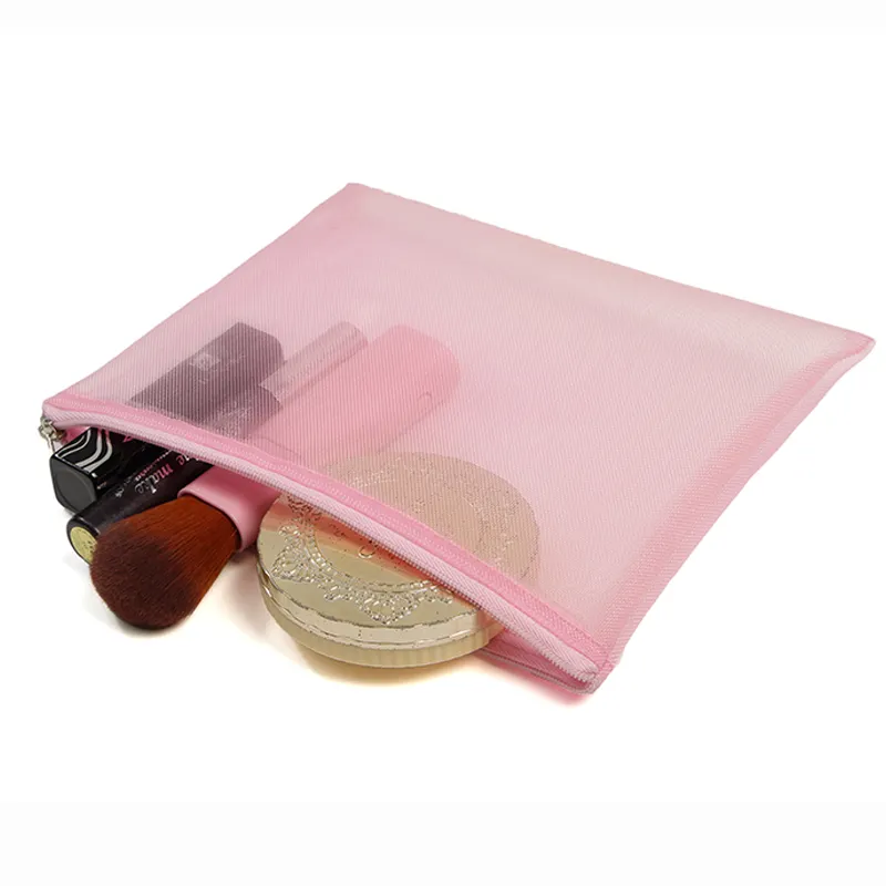 Wholesale Customized Pink Mesh Nylon Transparent See Through Cosmetic Makeup Organizer Zipper Bag