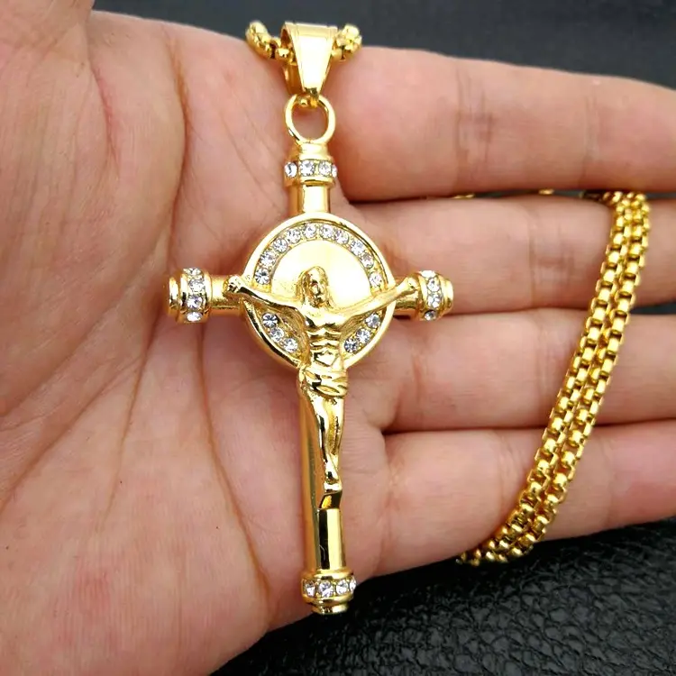 Grosir Christian Mens 24 inci baja tahan karat emas salib Yesus potongan kalung