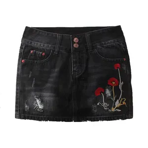women black classic Floral Embroidered Jeans A Line Skirt
