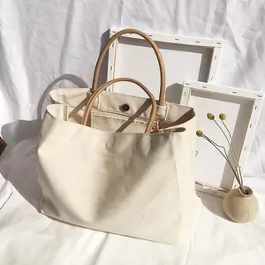 Yeni stil Tote boş pamuk kanvas plaj çantası bayanlar el çanta deri saplı çanta kadın çanta