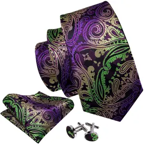 Toptan özel klasik işlemeli yeşil mor Paisley kravat kol düğmesi Hanky Gravata ipek kravatlar erkekler için