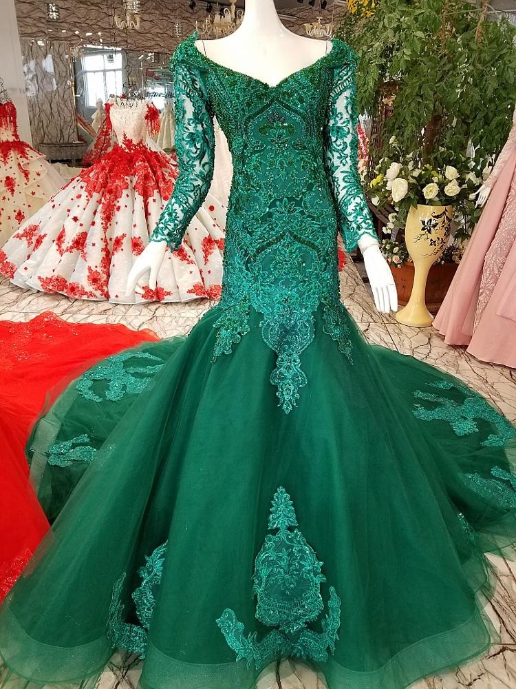 Turkish Arabic Long Sleeve Emerald Green Mother of Bride Dress