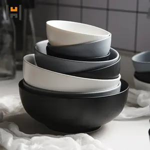 批发廉价沙拉碗陶瓷哑光黑白碗定制