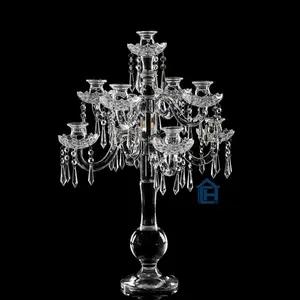 Wholesales luxury glass candle holder 9 arms crystal candelabra with hanging crystal beads for table centerpieces