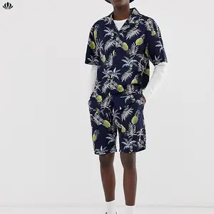 Sommer Hawaii Button Shirts und Shorts Print in Navy Baumwolle Herren zweiteilig Casual Woven Summer Wear Print Pattern Sets