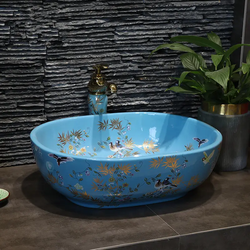 Colorful porcelain bathroom sink hand maded blue ceramic washbasin gold flower and bird pattern oval