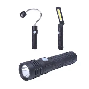 Top Grade 3 in 1 flexible gooseneck work light+rotary COB lamp+T6 10W Led multipurpose flashlight USB rechargeable torches light