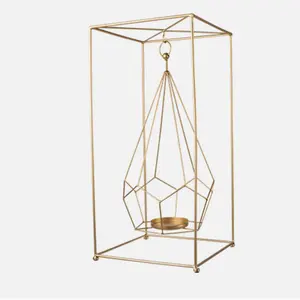 Nordic Rectangle Metal Frame with Wire Geometry Gold Votive <strong>Tealight</strong> Candle Holder <strong>Lantern</strong> for Home Decor - Product Image 1