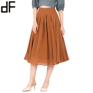 OEM ODM制造商女装女士A线中裙最新长裙设计高腰棕色亚麻裙带衬里