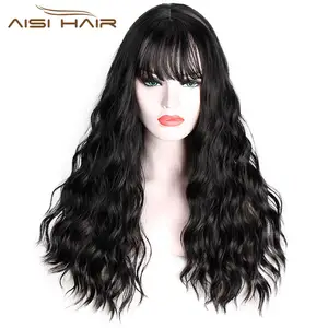 Aisi Hair Natural Body Wave Pelucas de cabello largo Cosplay Precio de fábrica al por mayor Pelucas sintéticas Pelucas de cabello negro con flequillo