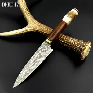 8.7 inch fixed blade damascus knife antlers handle