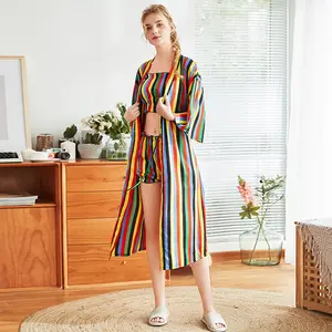 China New Style Cheap Summer Silky Touching Rainbow Stripe Long Bathrobe Silk Womens Robes Homewear Satin Robe