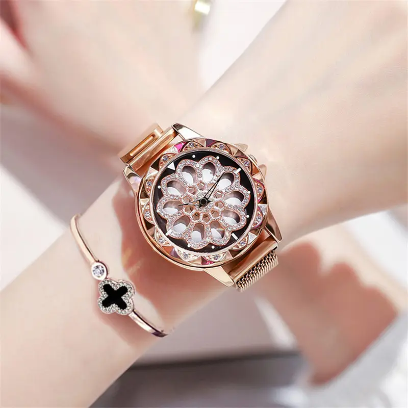 A 2019 Luxury Rose Gold Spinning Dial Magnetic Watches ladies watch wristwatch