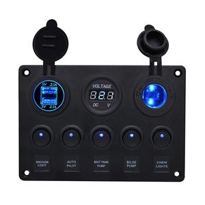 Panneau de commutateur à bascule LED marin 5 gang ON-OFF avec 2 chargeurs USB 12v-24v - Product Image 1